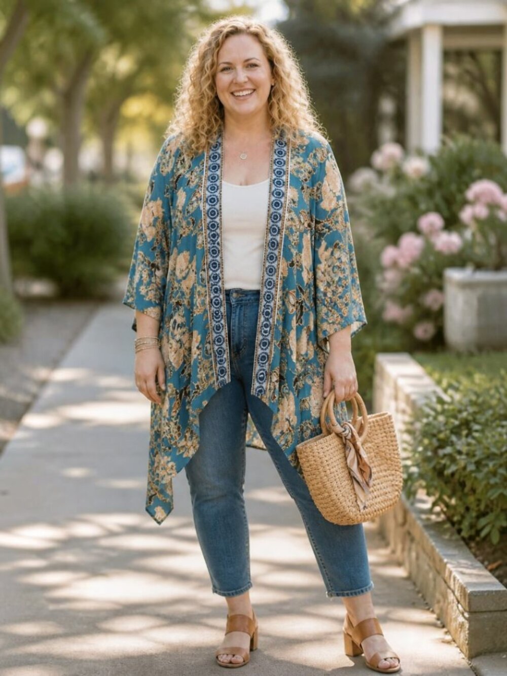 Knox Rose Teal Floral Open-Front Kimono